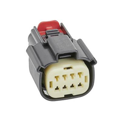 Black and beige electrical connector with six pins, suitable for use in vehicle or electrical applications.
