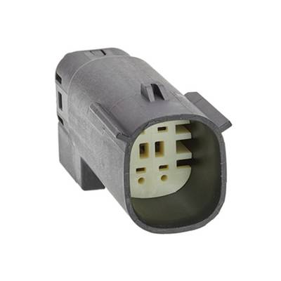A black, rectangular plastic plug with multiple internal connections, side view.