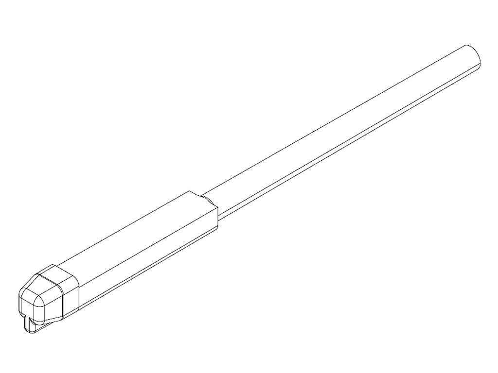 A technical drawing of an actuator. It consists of a long arm with a rectangular housing that contains the motor.