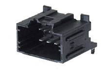 Black plastic plug with multiple metallic, parallel connection pins, suitable for use in electronic devices.