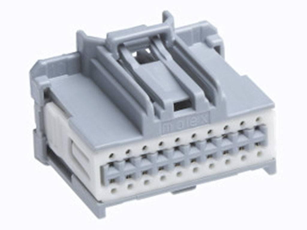 Grey-white, multi-pin electrical connector for electrical connections in technical devices.