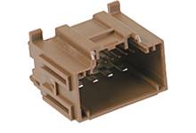 Brown plastic plug with a rectangular shape and multiple side clips.