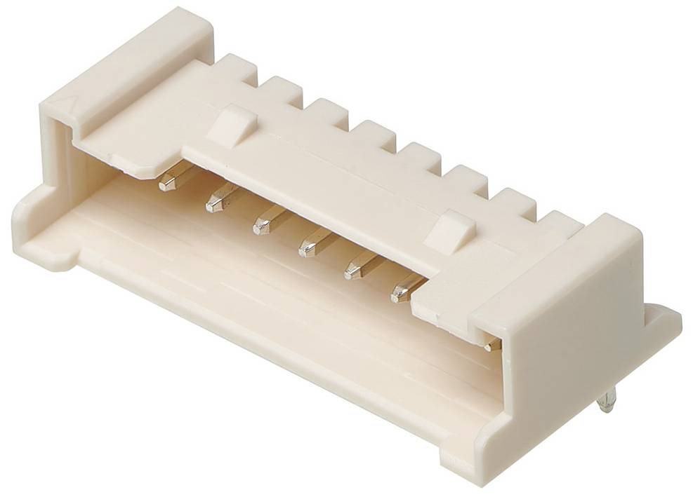 A plastic connector socket with multiple metal pins for electrical connection, square in shape with sockets on top.