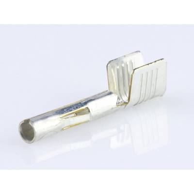 A silver-coloured electric flat plug socket contact terminal made of metal. It has a cylindrical opening and lateral wings.