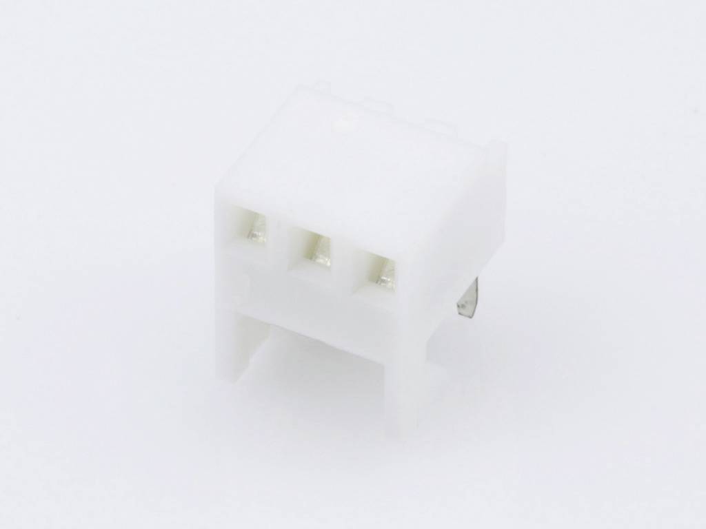 White plastic plug with three holes, suitable for electrical connection, on a white background.