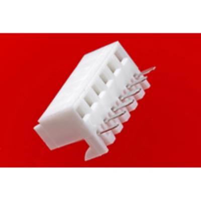 A white plastic connector plug with multiple metal pins on a red background.