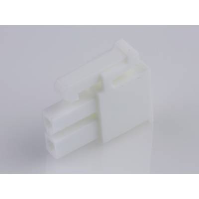 A white, rectangular plastic plug with two sockets on a grey background.