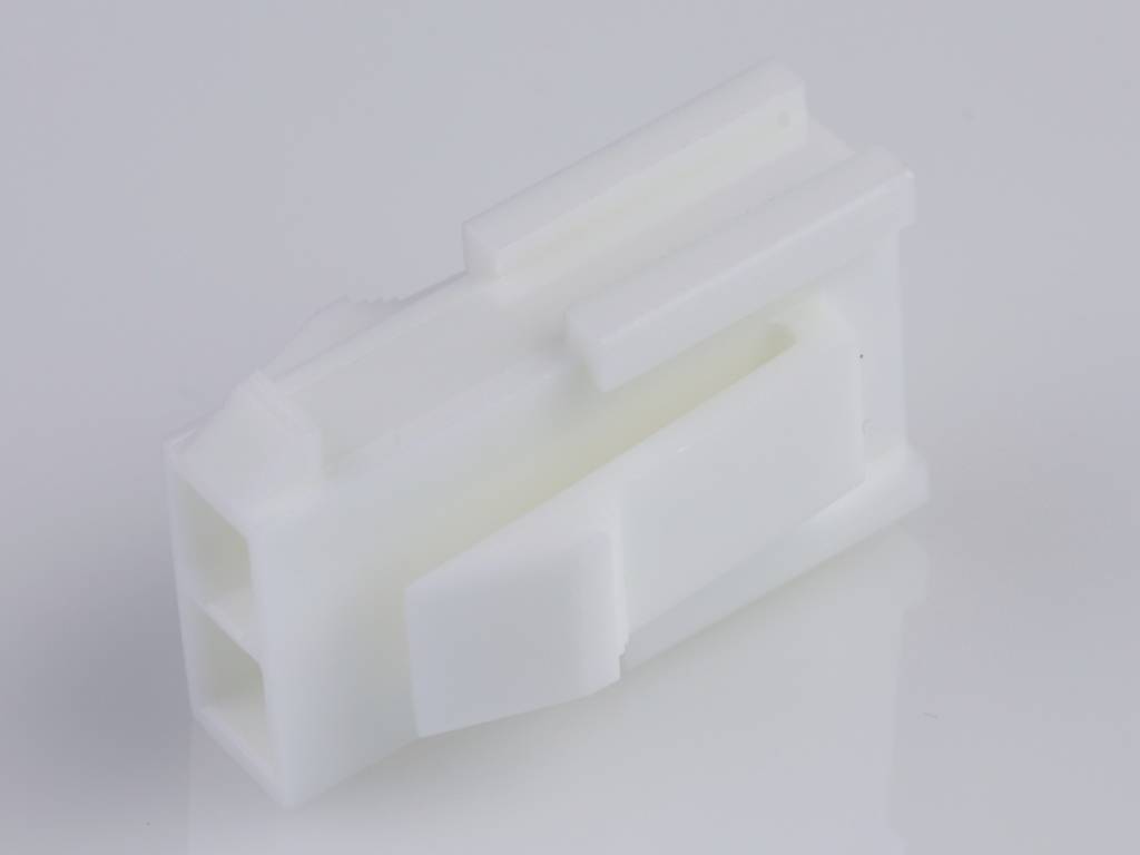 White plastic plug, rectangular, with two holes, on a white background.