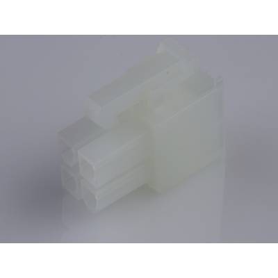 A white, translucent plastic plug with two sockets, lying on a smooth surface, photographed from a side angle.