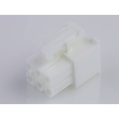 A white, six-pin plastic plug lying on a smooth surface, used for electronic device connections.