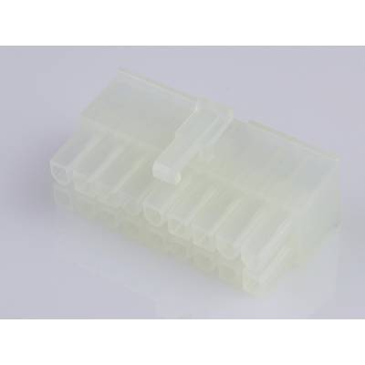 A white, rectangular plastic plug with multiple pins, likely an ATX motherboard power connector, on a white background.