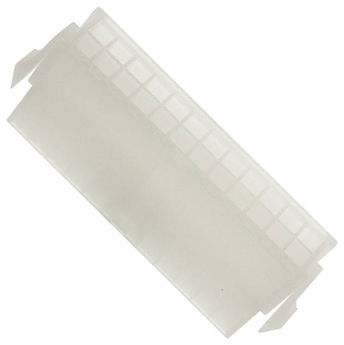 A close-up of a white plastic connector with multiple square-shaped slots, likely used for electronic or hardware components.