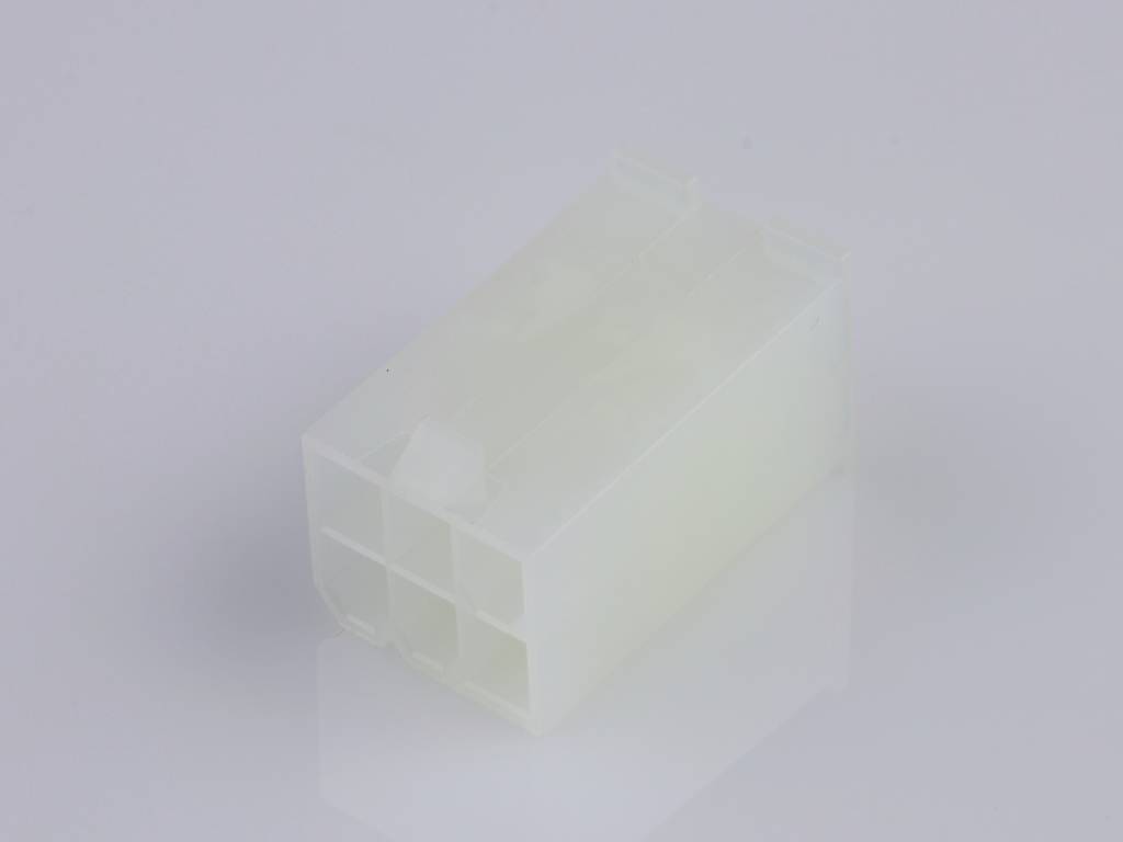 White transparent plastic multi-socket plug in a rectangular shape, set against a grey background.