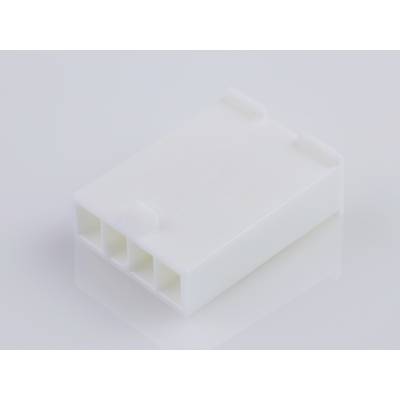 A white plastic plug with three rectangular openings, rests on a smooth surface.