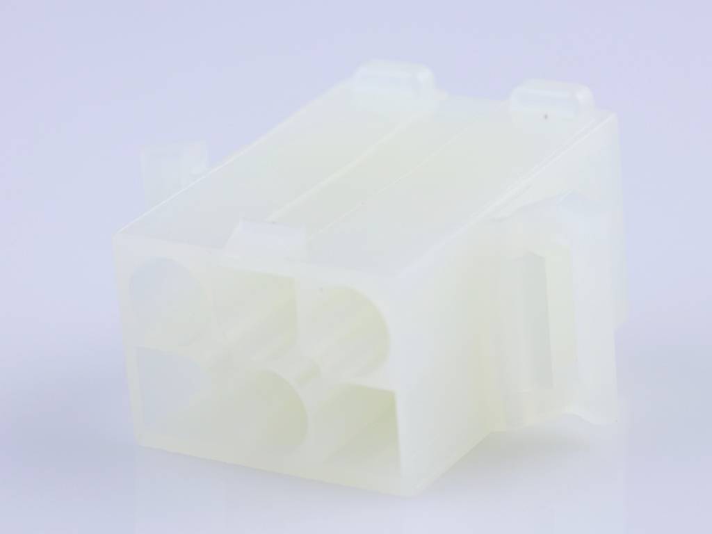 White plastic connector with four round openings, on a light blue background. Primarily used for connection in electrical circuits.