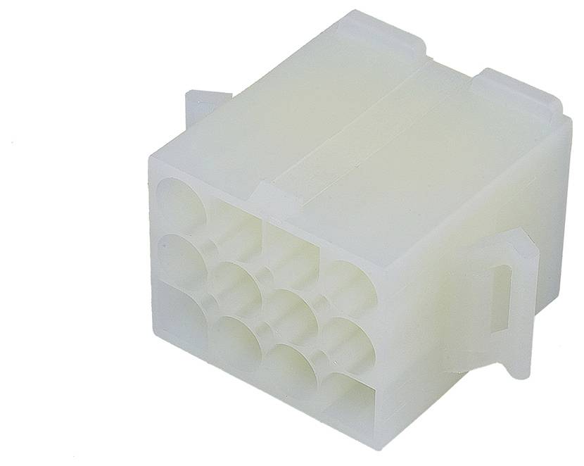 A white, rectangular 8-pin electrical connector with visible pin slots, used in electronic devices for secure connections.