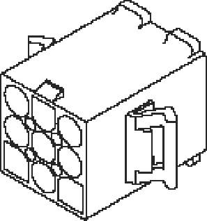 An isometric diagram of a cable plug with three rows, each containing three round holes for receiving pins.