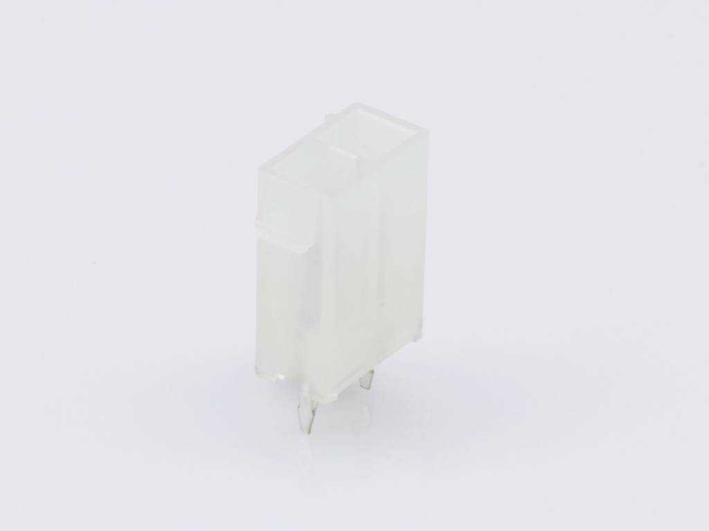 'Transparent plastic plug with two metal pins against a white background.'