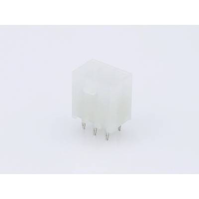 A white, square plastic plug with six metal pins, suitable for electronic connections on printed circuit boards.