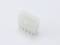 A white, rectangular, electrical connector with eight metal pins, placed on a neutral background.