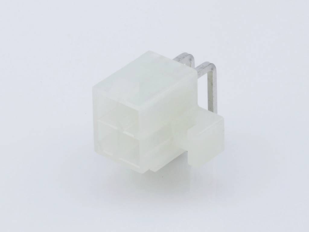 A white plastic connector with two metal pins. It is designed for electrical connections in electronic devices.