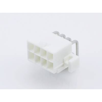 A white 8-pin electrical plug with metal contacts, used for connections in electronic devices or computers.