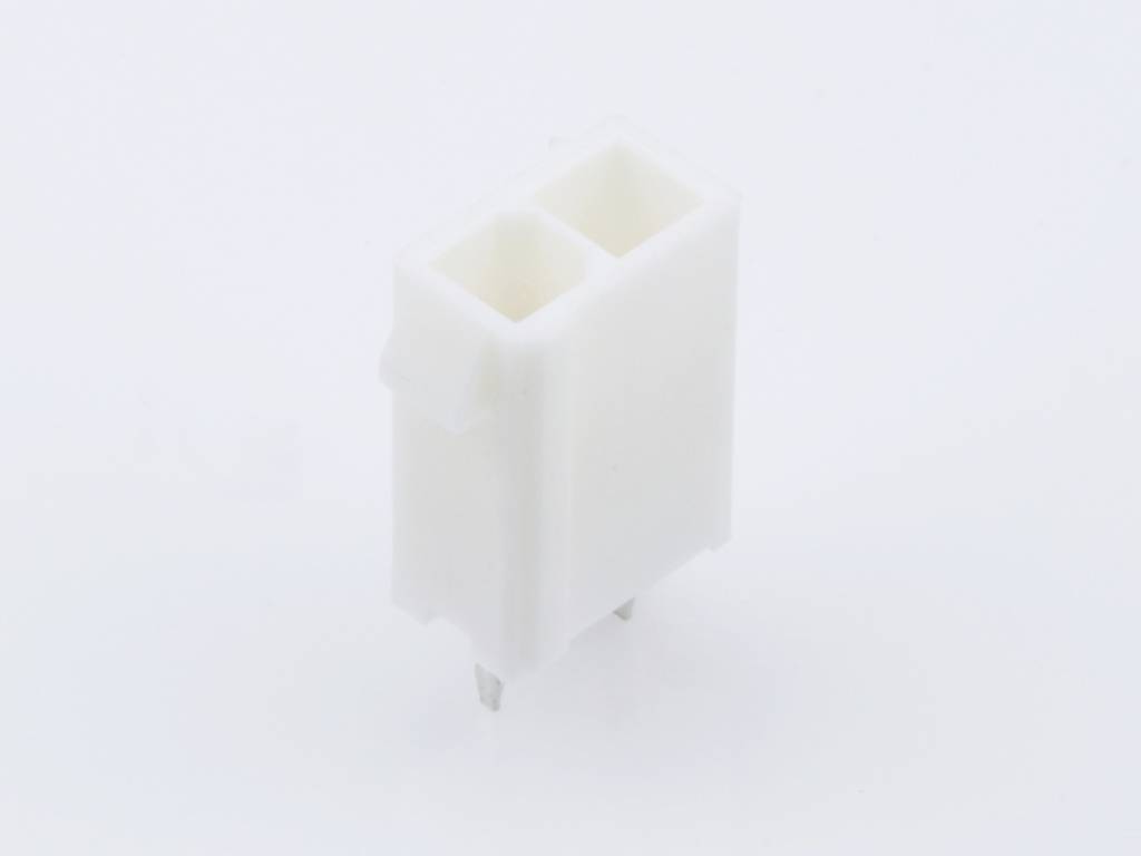 A white plastic plug with two sockets and metal pins underneath, set against a white background.