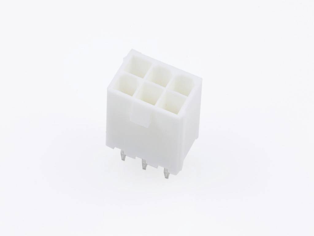 A white, rectangular electrical plug with six sockets, showing the metal contacts underneath.