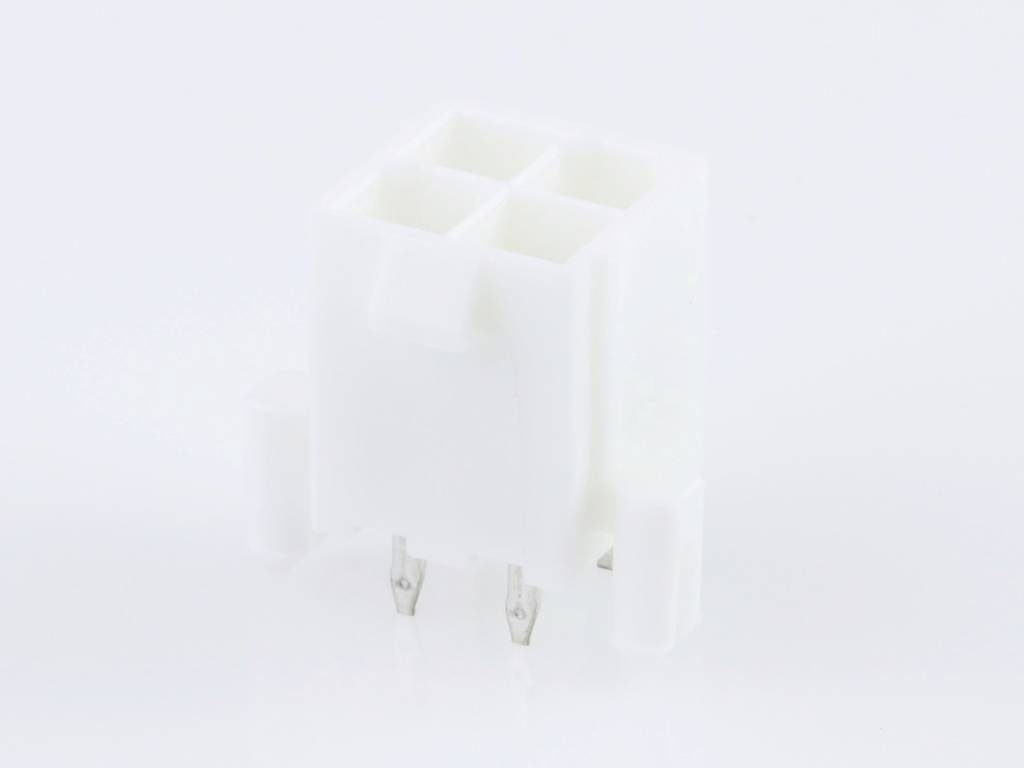 A white, square connector plug with three insertion openings and two metal pins at the bottom, on a white background.