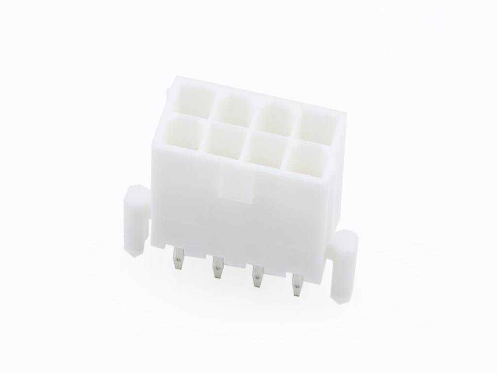 A white, 8-pin, rectangular plug with pins located on the underside.
