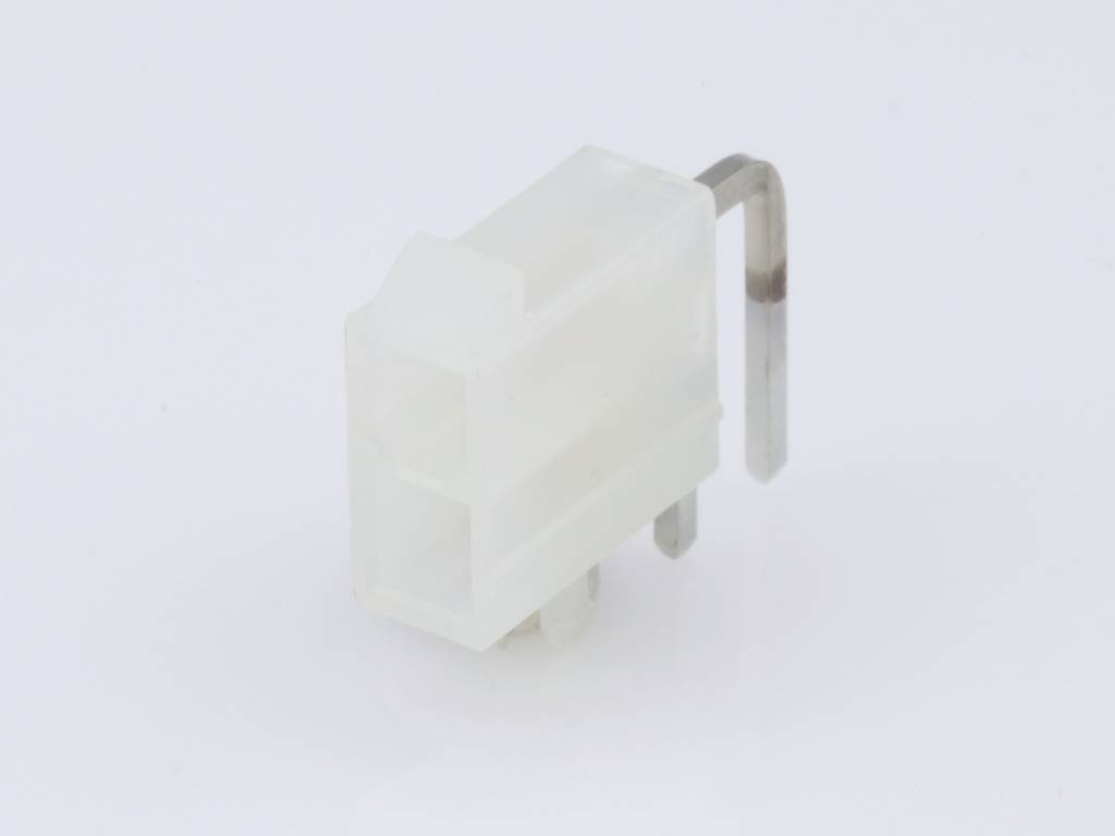 A white plastic plug with a metal contact bent at a right angle. Suitable for electronic connections.