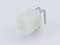 White connector plugs with two metal pins for electronic connections on a white background.