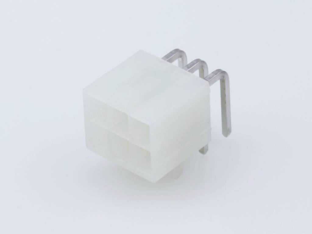 White plastic plug with four connections and metal contact pins protruding from the rear.