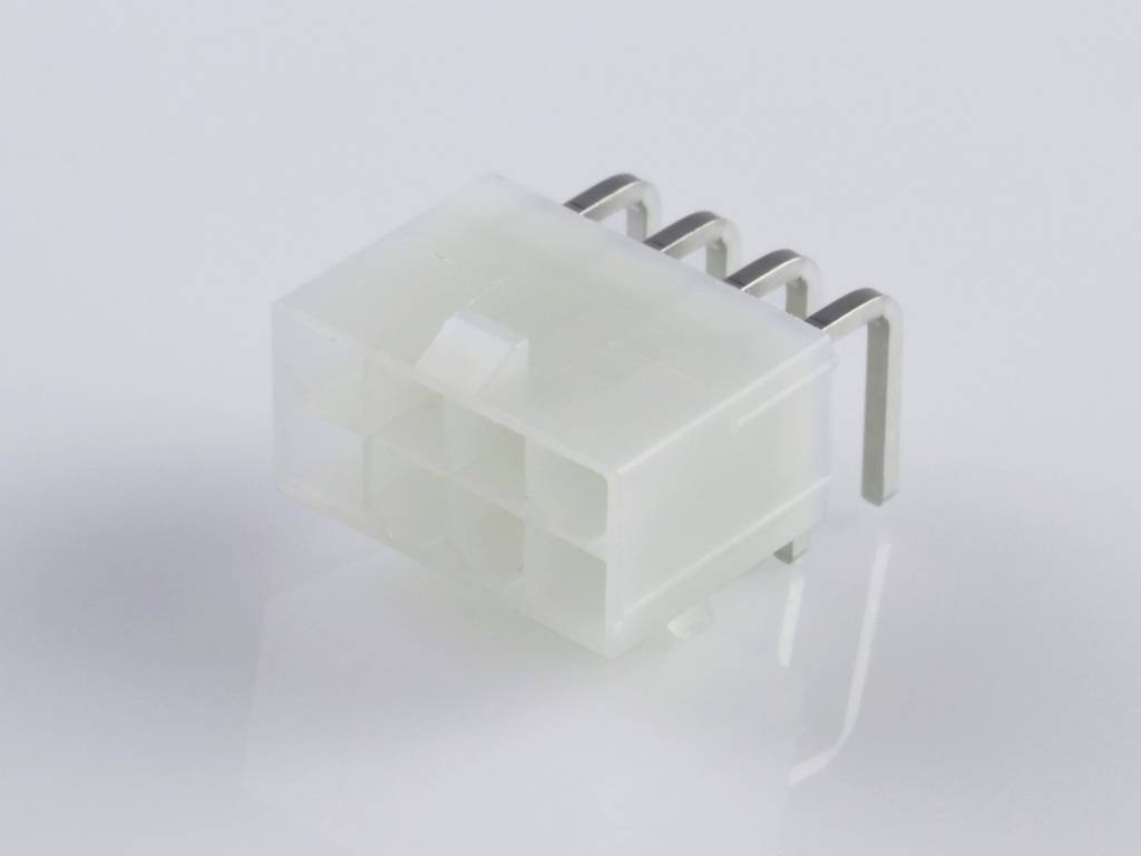'White plastic connectors with four metal slots, angled, on a light surface.'