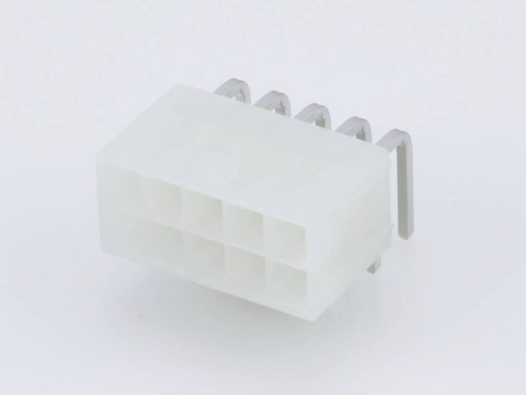 A white, rectangular plug with multiple holes and metal pins.