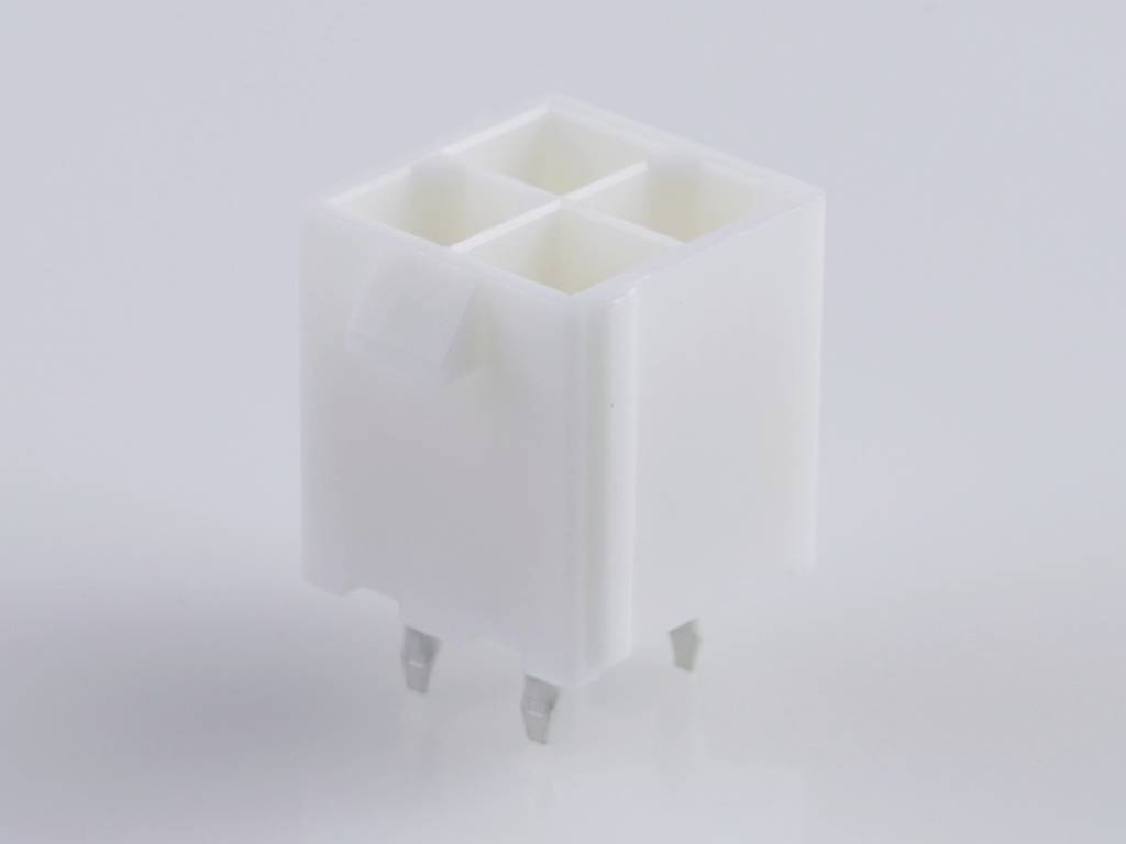 A white, rectangular plastic plug with four square socket slots and metal pins. Suitable for electronic connections.