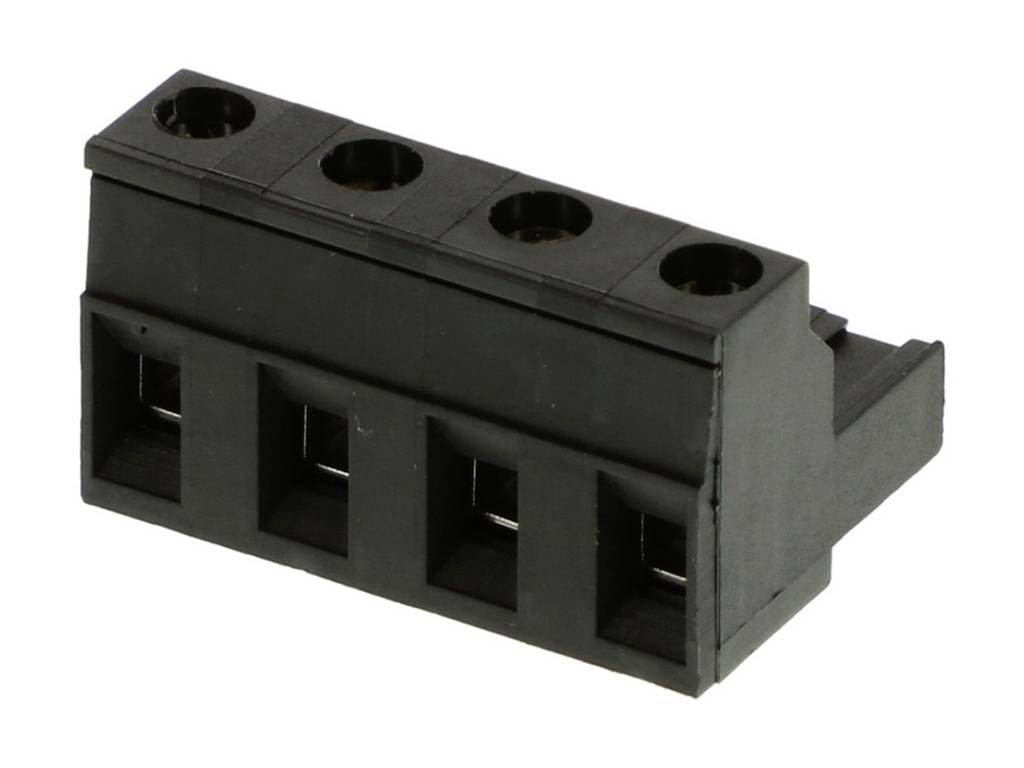 Terminal block made of black plastic with four connections, used for connecting electrical wires in devices.