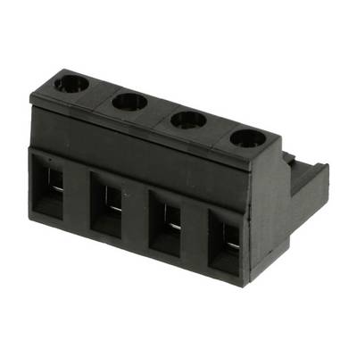 Terminal block made of black plastic with four connections, used for connecting electrical wires in devices.