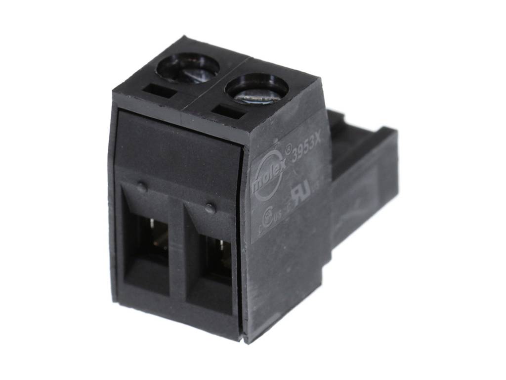 Two-pole connector made of black plastic, shown front-on. In profile, a rectangular design with two threaded screws is visible.