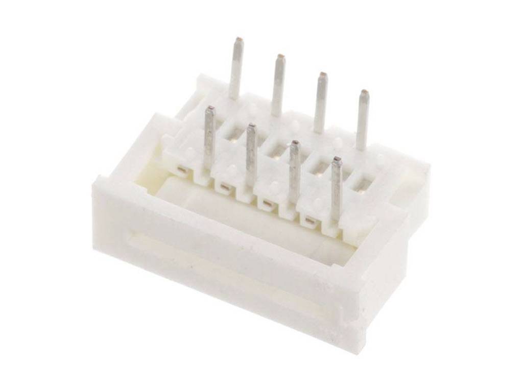 A white plastic connector housing with eight metal pins protruding vertically. Suitable for electronic connections.
