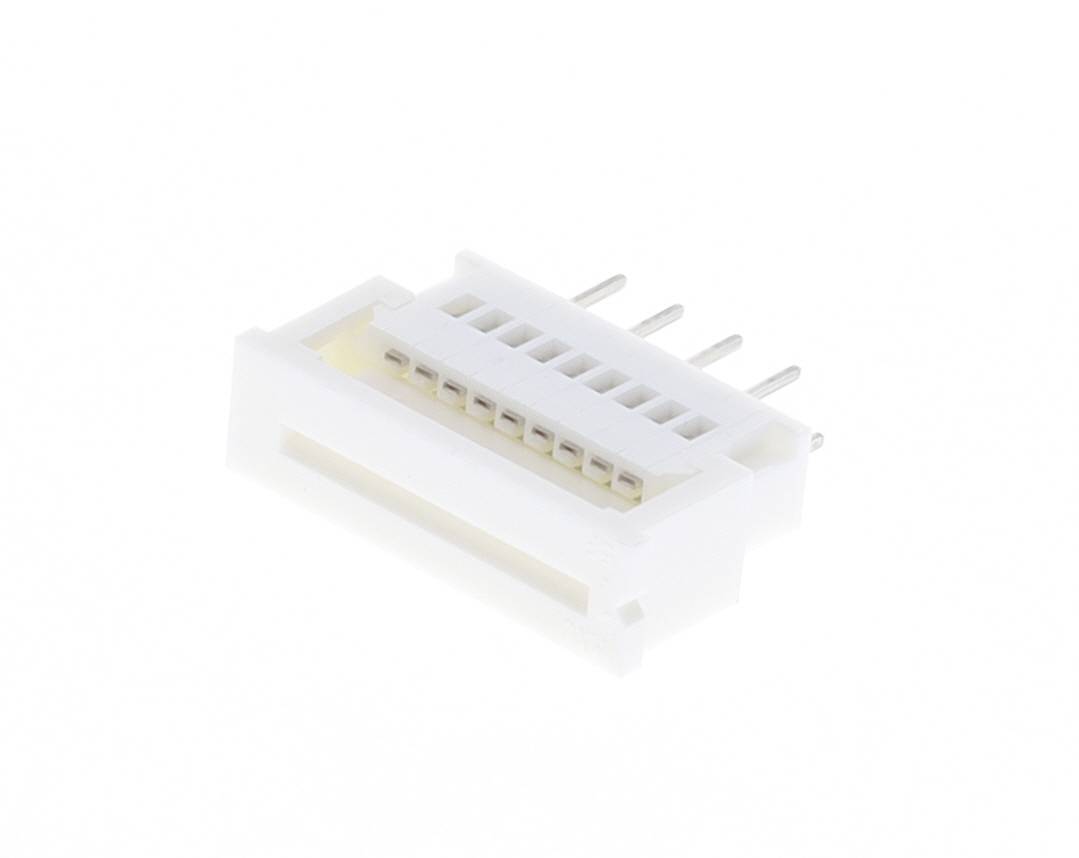A white electrical connector with multiple metal pins, used for electronics, is depicted on a plain background.