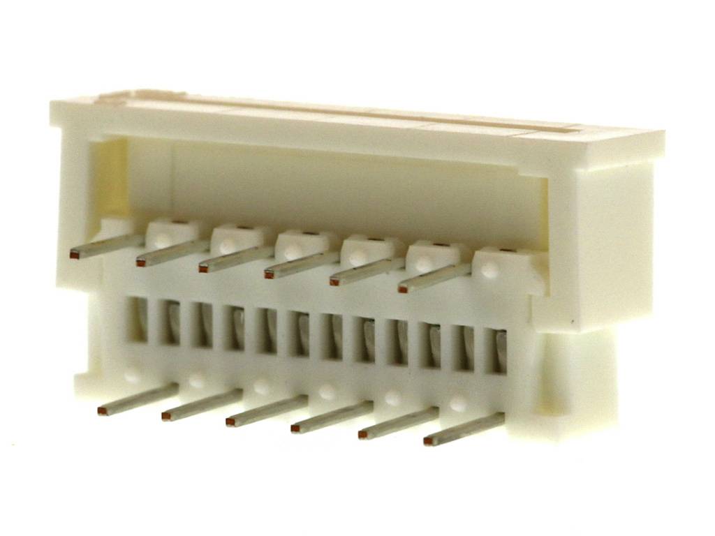 A white connector with 10 metal pins in two rows. It is commonly used in electronic devices.