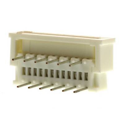 A white connector with 10 metal pins in two rows. It is commonly used in electronic devices.