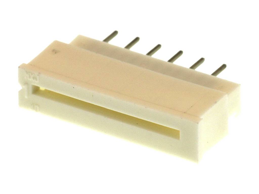 A white, multi-pole plug connector with six metal pins for electrical connection.