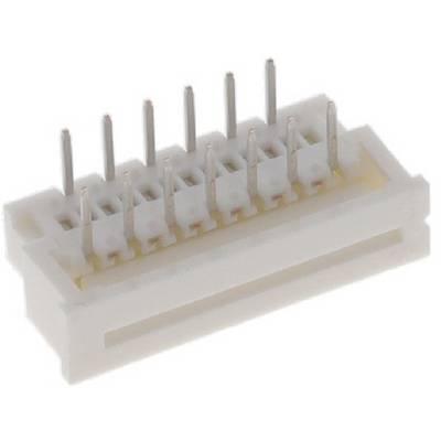 A white electrical connector with multiple metal pins for connecting electronic components.