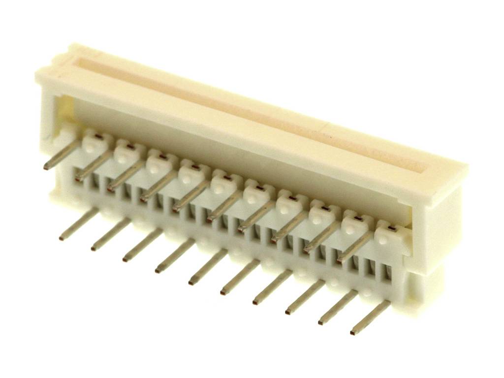 A 12-pin flat ribbon cable connector in close-up. The connector is white with metal pins and is used to connect electronic components.