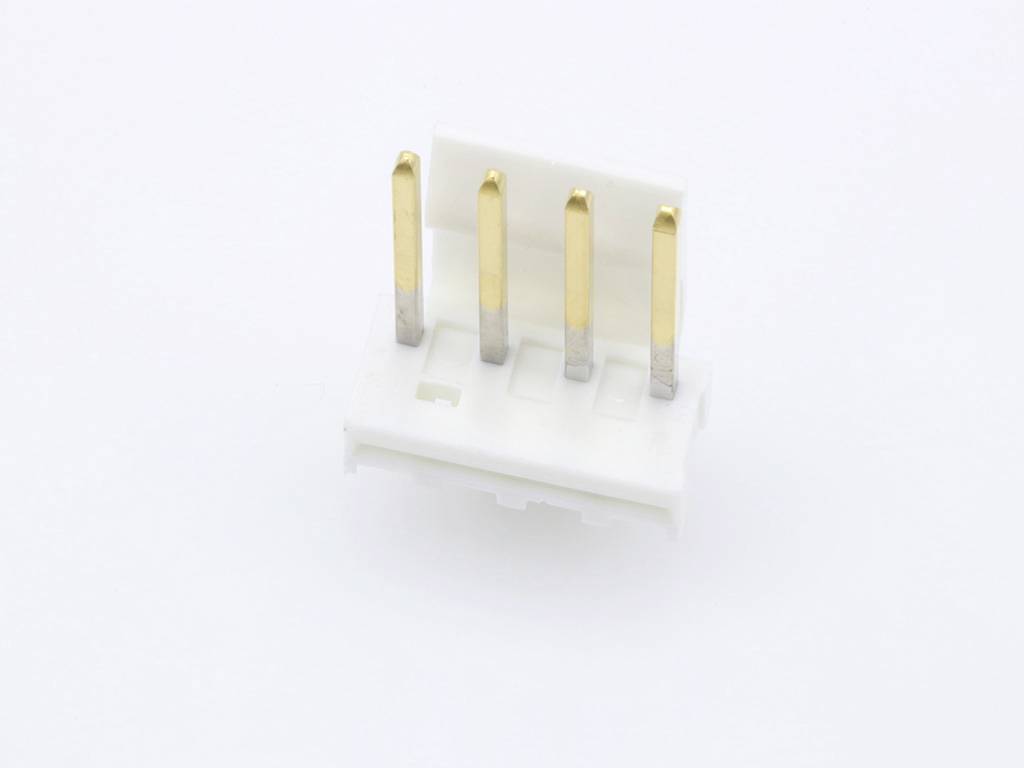 'Four-pole connector with gold contacts on a white background, used for electrical connections in electronic devices.'