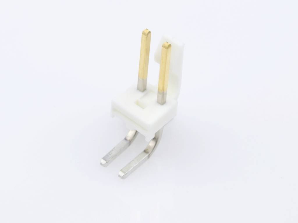 Small electrical connector with two golden pins and metal terminals, mounted on a white plastic housing.