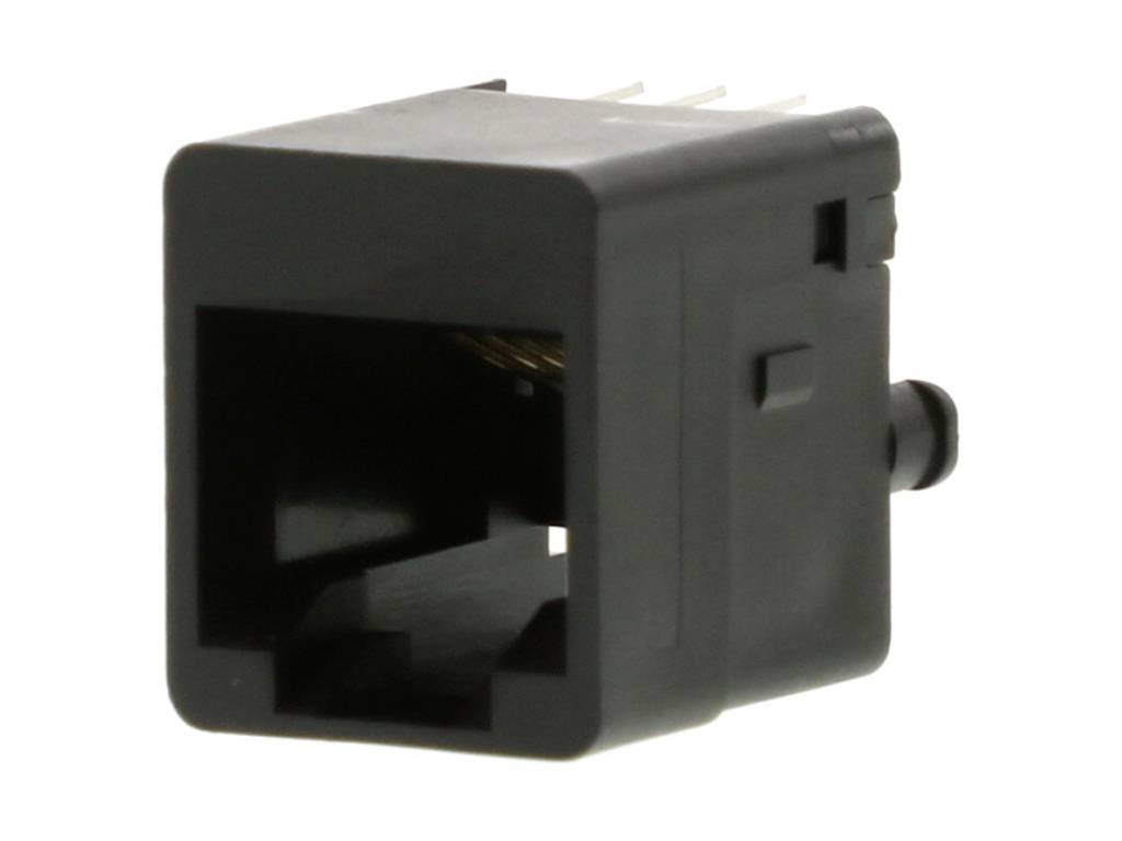 'A black RJ-11 socket connector, rectangular and suitable for integration on a circuit board.'