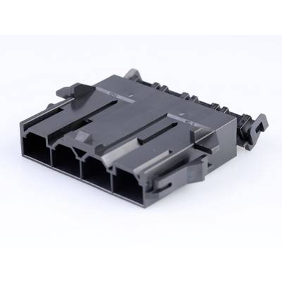 Black, rectangular plastic plug with three sockets and clips on the sides, on a white background.